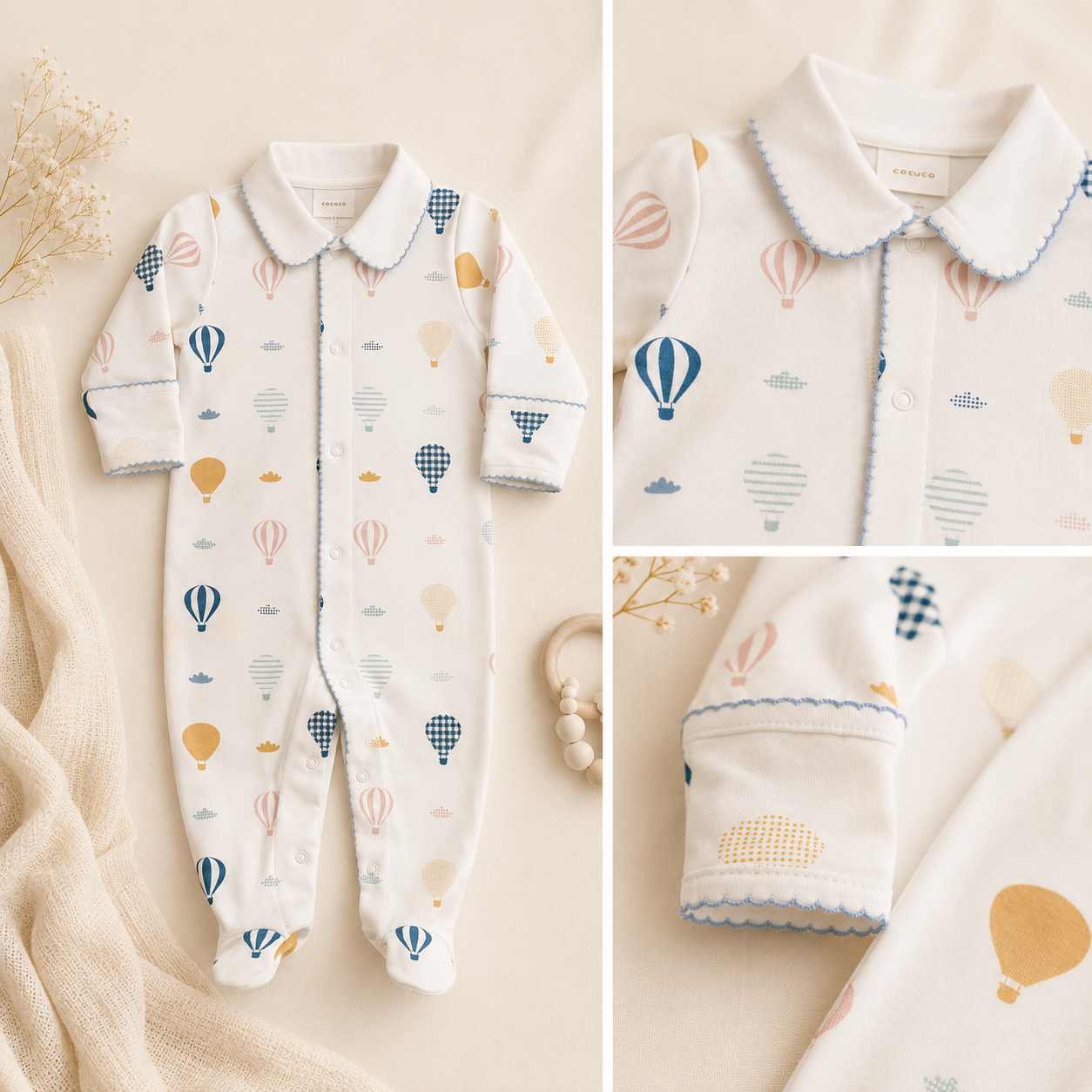 Boys Collared Footie: Up, Up & Away (100% PIMA) Hot Air Balloon