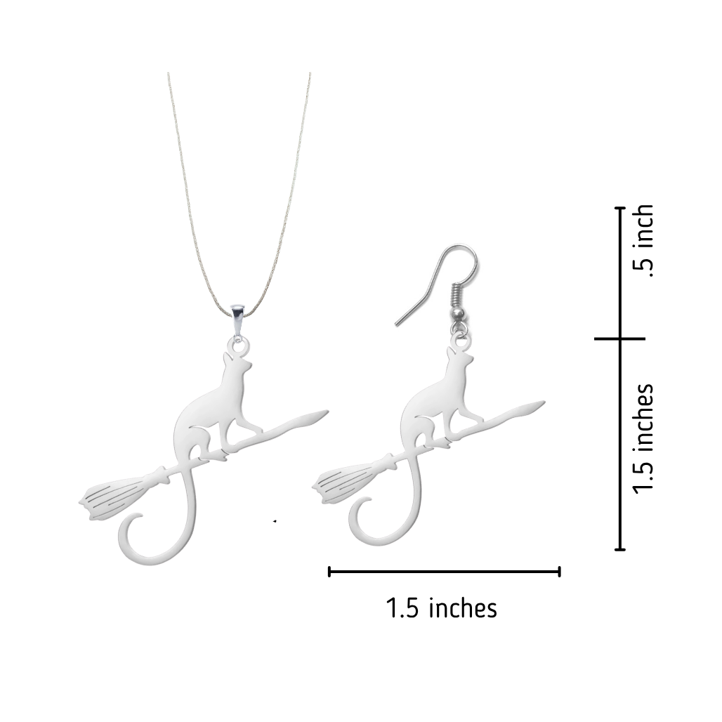 Cat Riding Broomstick | GIFT SET necklace and earrings