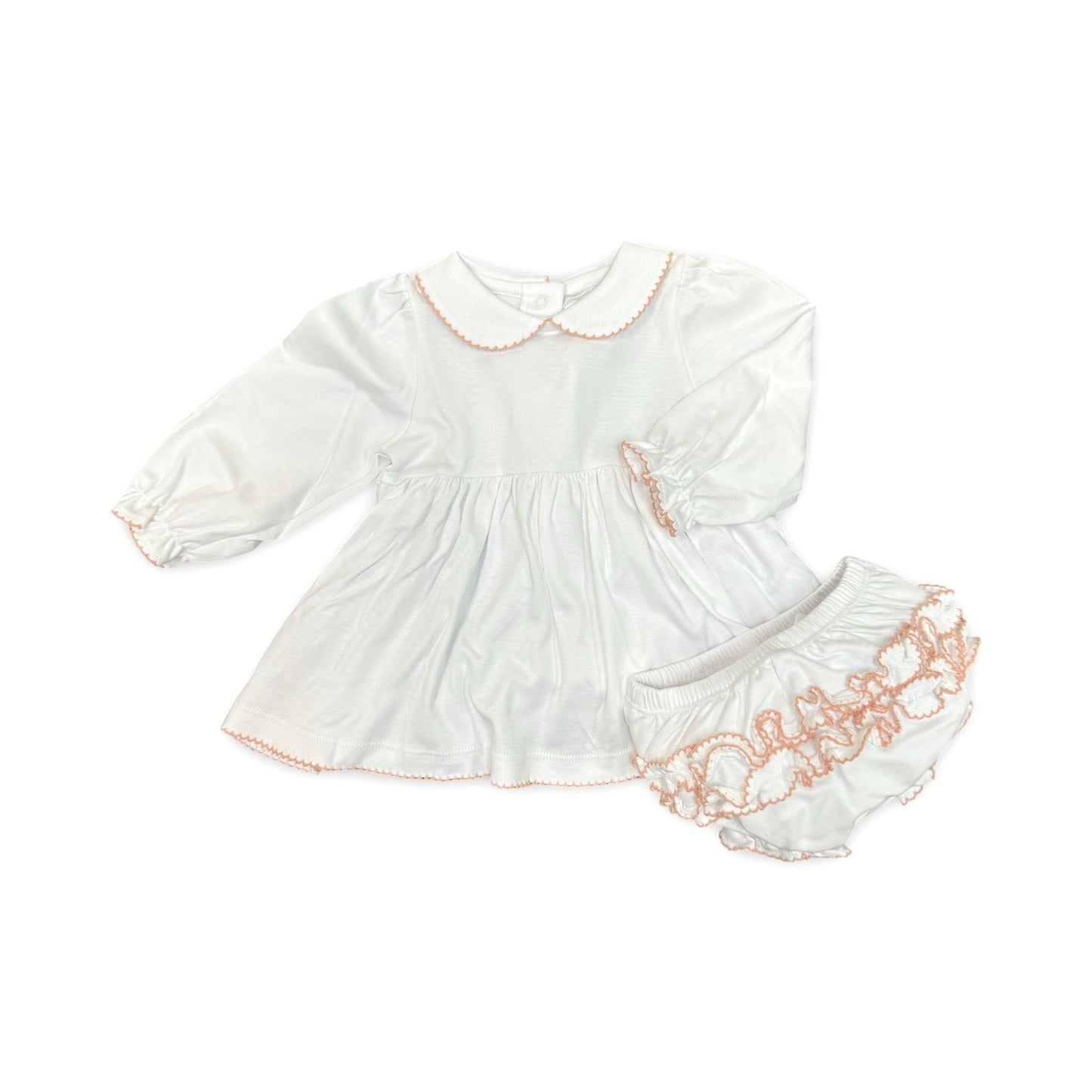 100% PIMA Cotton Ruffle Dress and Bloomer Set with Peach Picot Trim
