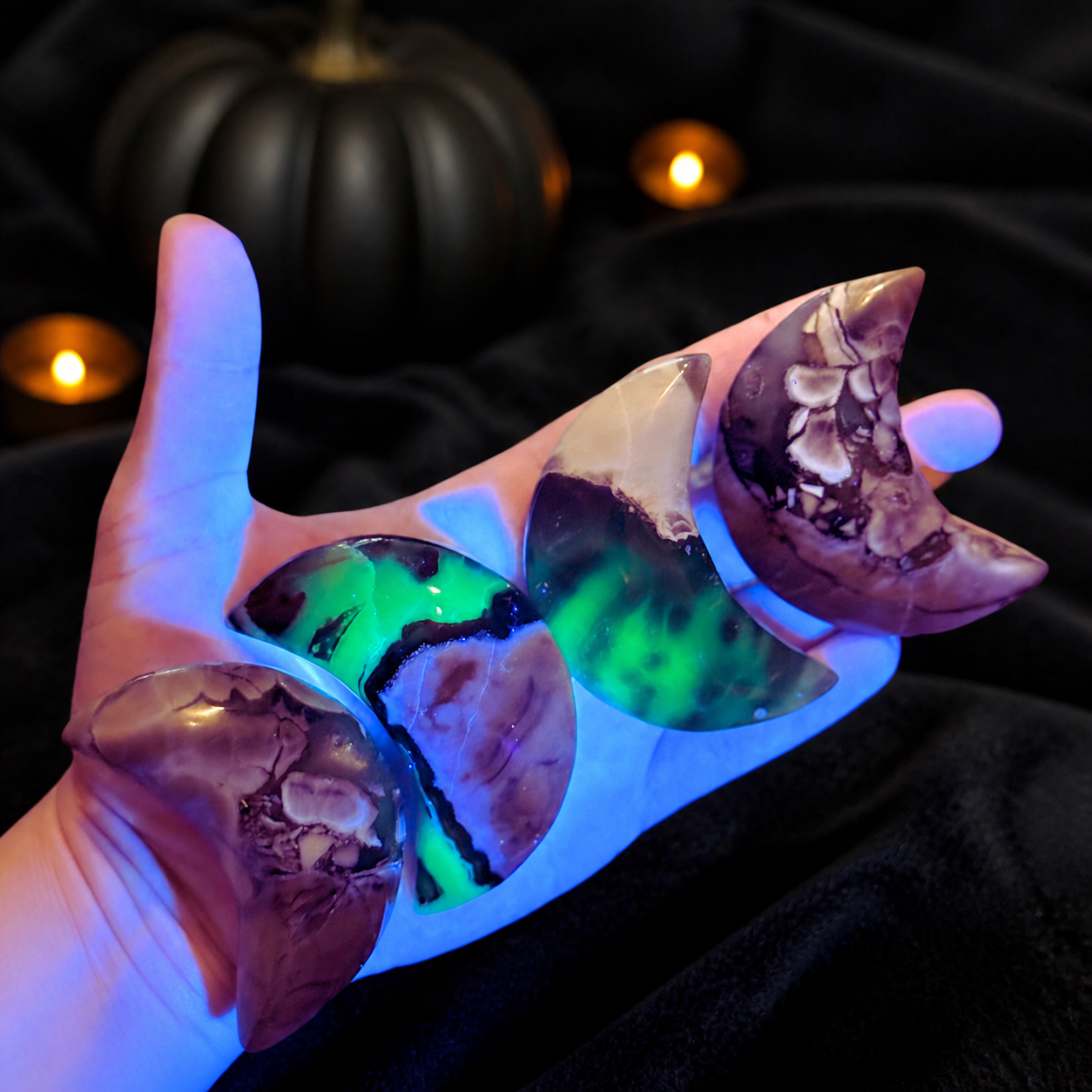 Volcano Agate Crescent Moon, UV Green Fluorescent Minerals