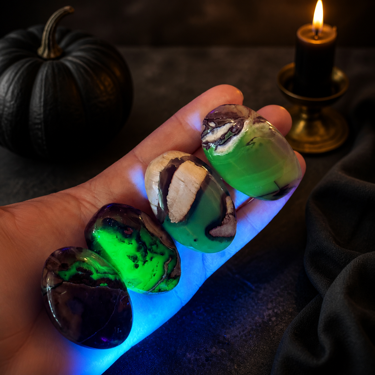 Volcano Agate Palmstones, Green Fluorescent Minerals, UV Crystals