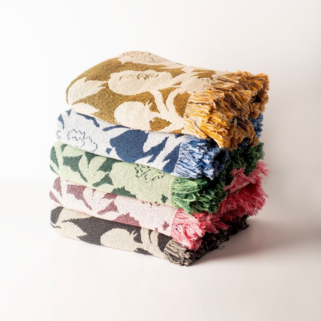 Blue Floral Jacquard Woven Throw Blanket, Reversible Cotton Throw, Made in USA | Addy Delft