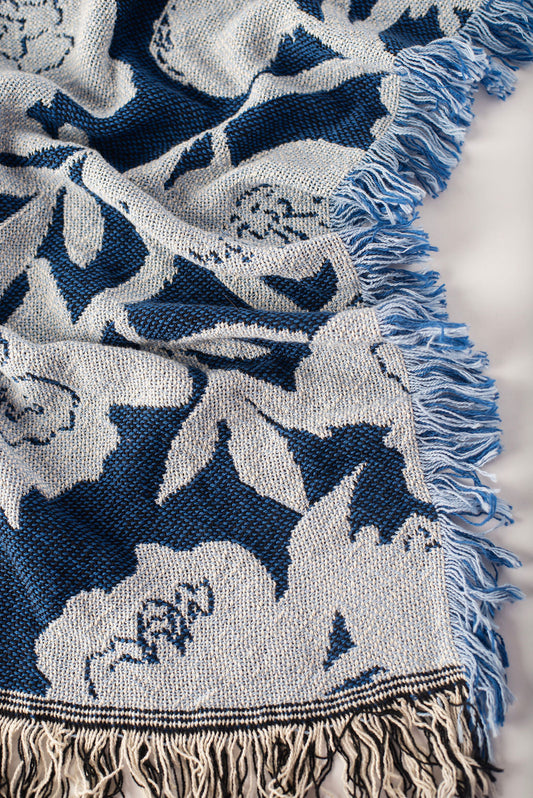 Blue Floral Jacquard Woven Throw Blanket, Reversible Cotton Throw, Made in USA | Addy Delft