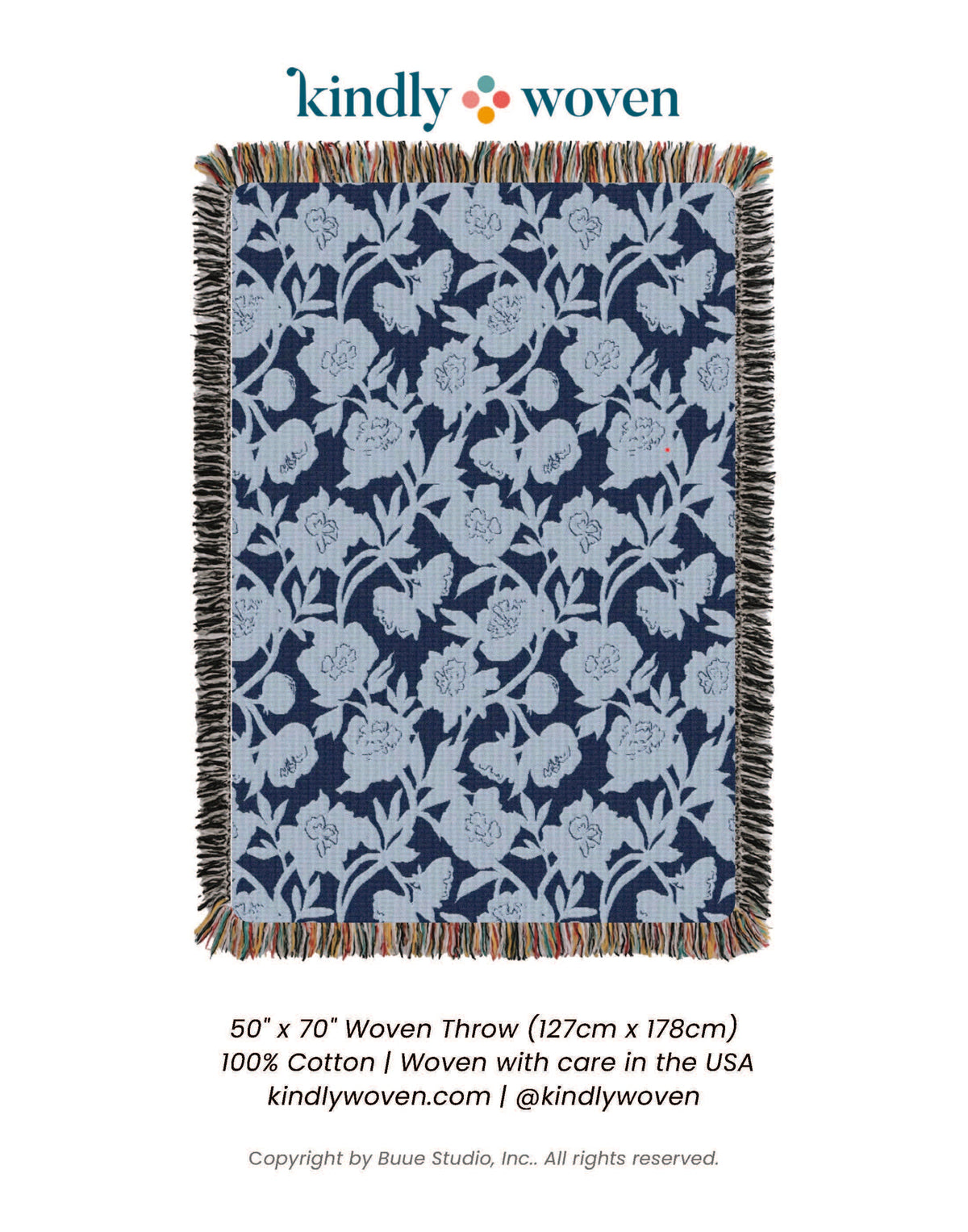 Blue Floral Jacquard Woven Throw Blanket, Reversible Cotton Throw, Made in USA | Addy Delft