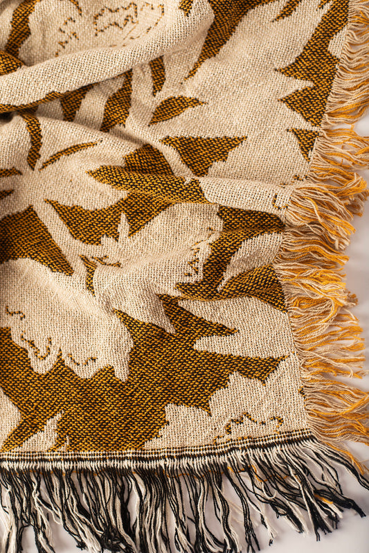 Gold Floral Jacquard Woven Throw Blanket, Reversible Cotton Throw, Made in USA | Addy Ochre