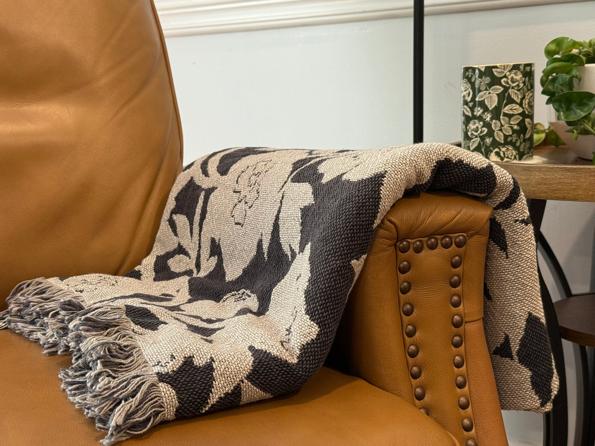Blue Floral Jacquard Woven Throw Blanket, Reversible Cotton Throw, Made in USA | Addy Delft