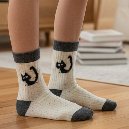 Black Cat on Cream | Flecked Cat Socks
