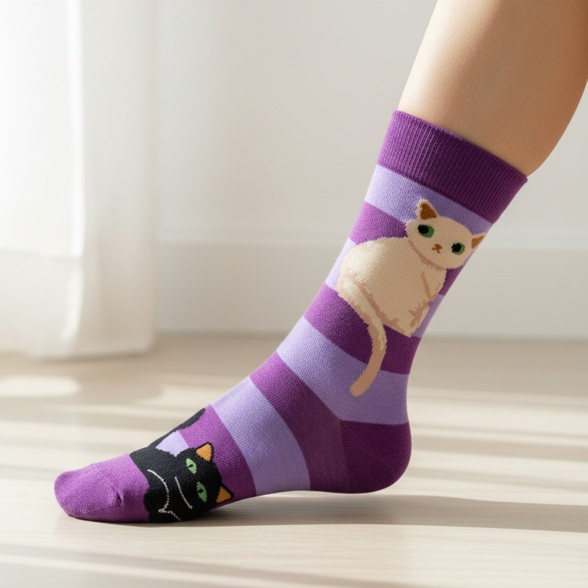 Purple striped socks White Cat Black Cat