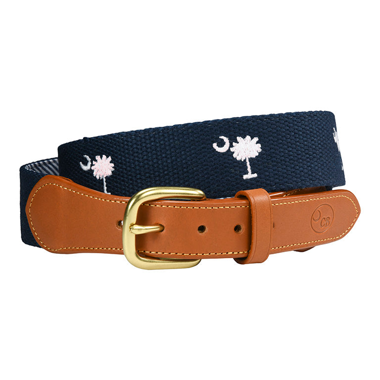 SC State Flag Belt Crescent Moon Palmetto Tree on Navy Blue Cotton Web
