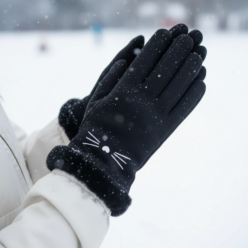 Cat Face Fur Cuff | Winter Gloves