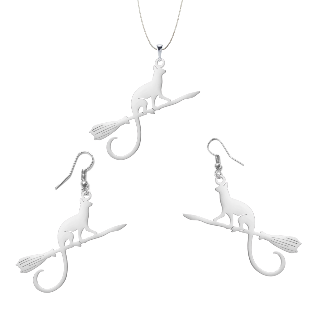 Cat Riding Broomstick | GIFT SET necklace and earrings