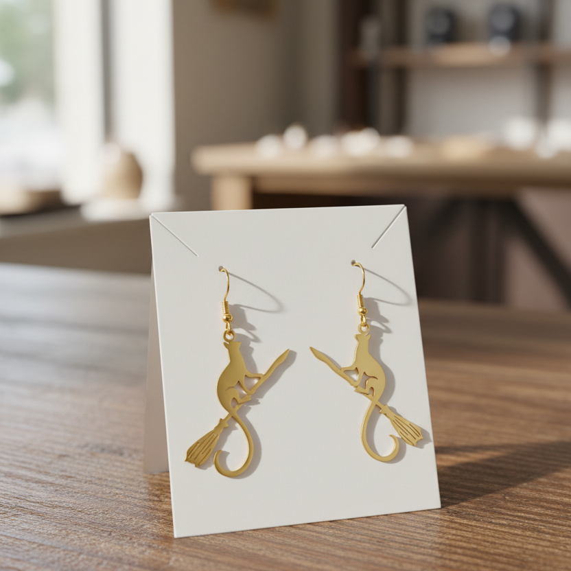 Cat Riding Broomstick | GIFT SET necklace and earrings