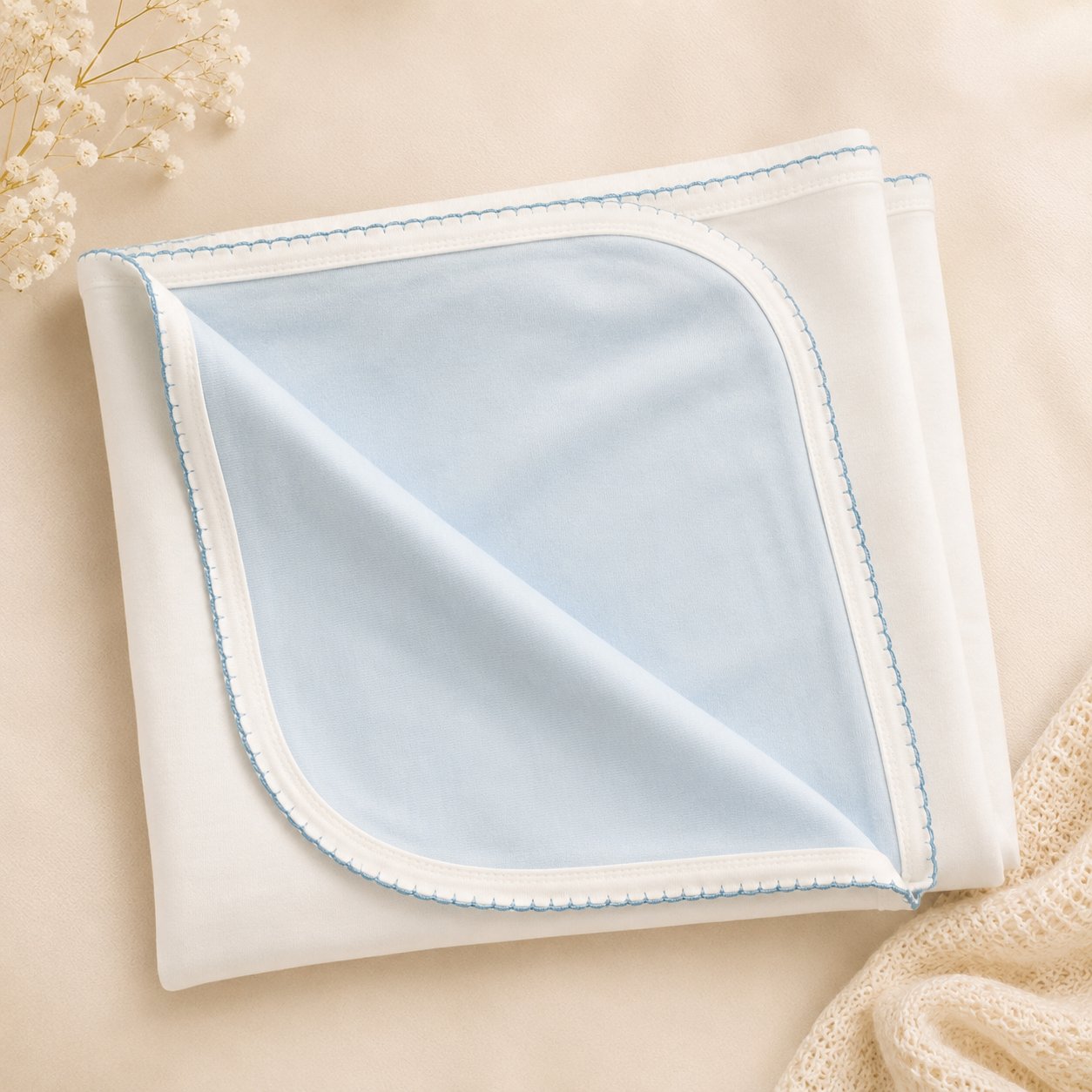 100% PIMA Cotton Reversible Blanket: White and Baby Blue with Niagra Blue Picot Trim