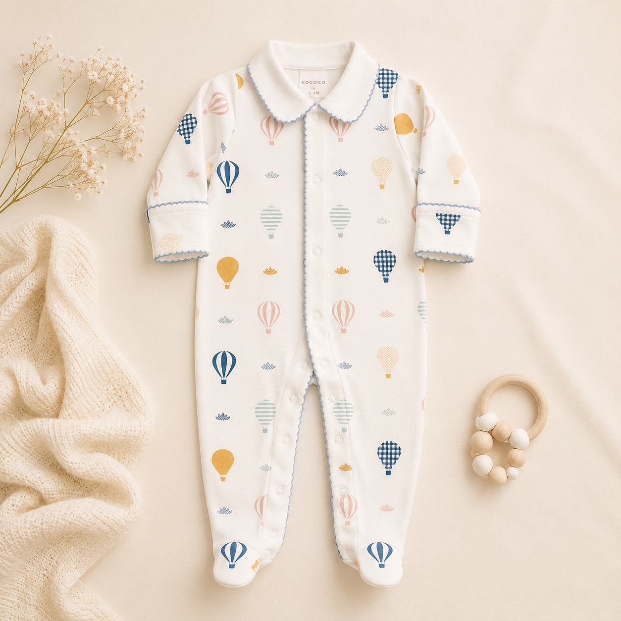 Boys Collared Footie: Up, Up & Away (100% PIMA) Hot Air Balloon