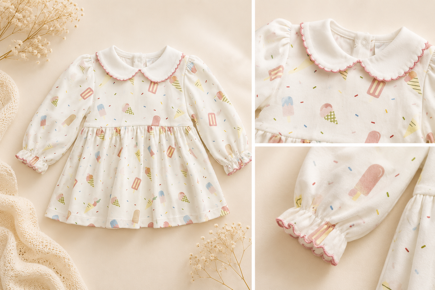 100% PIMA Cotton Ruffle Dress with Pink Picot Trim: Ice Cream Social