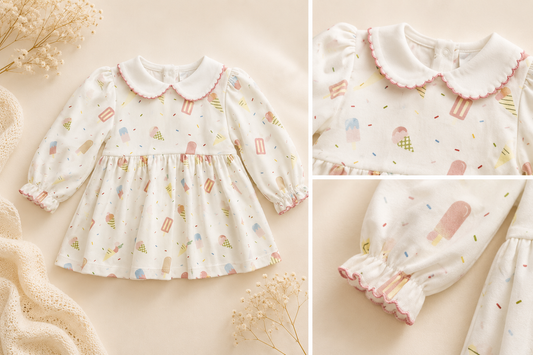 100% PIMA Cotton Ruffle Dress with Pink Picot Trim: Ice Cream Social