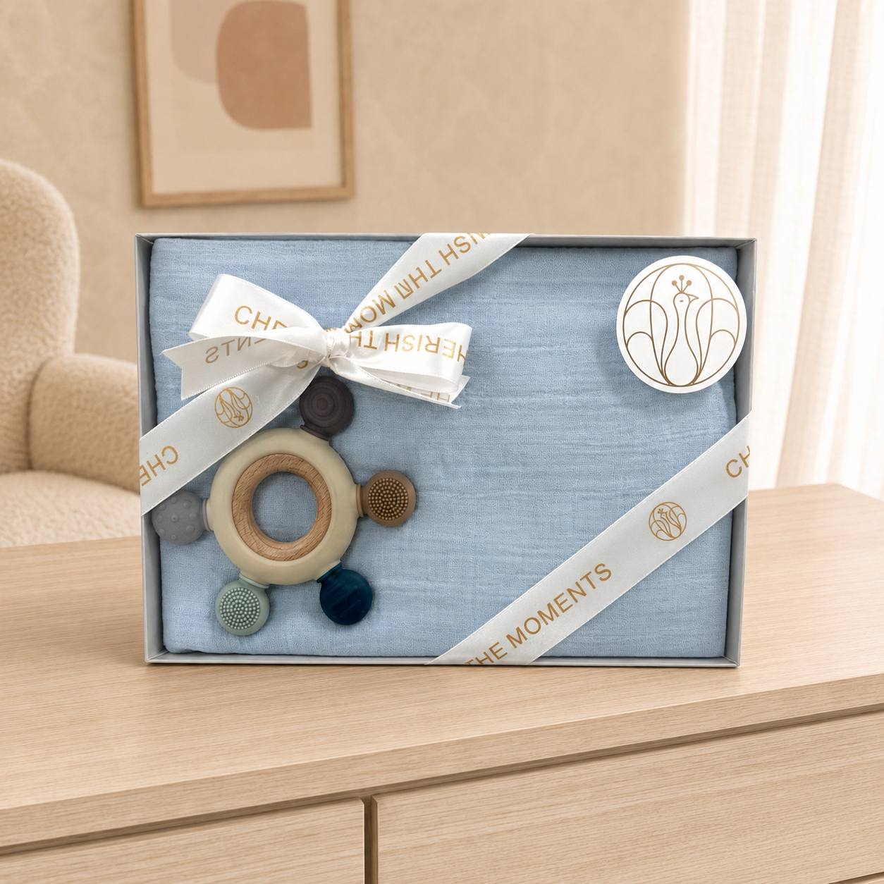 Swaddle Muslin Blanket: Solid Blue, Boy Newborn Gift + Teether