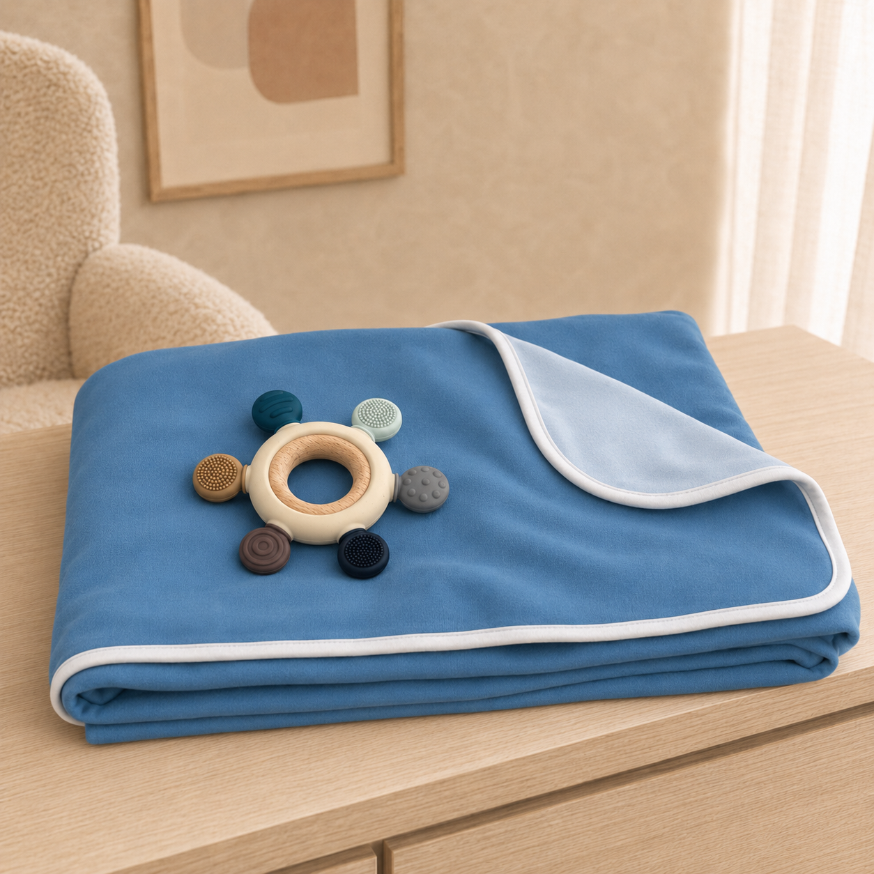 Newborn Bundle: PIMA Set - Up & Away Footie w/Blue Picot Trim, Reversible Blue Blanket, Bib & Teether