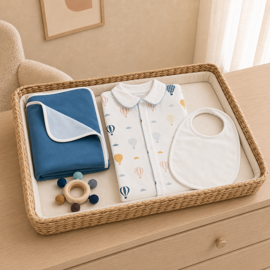 Newborn Bundle: PIMA Set - Up & Away Footie w/Blue Picot Trim, Reversible Blue Blanket, Bib & Teether