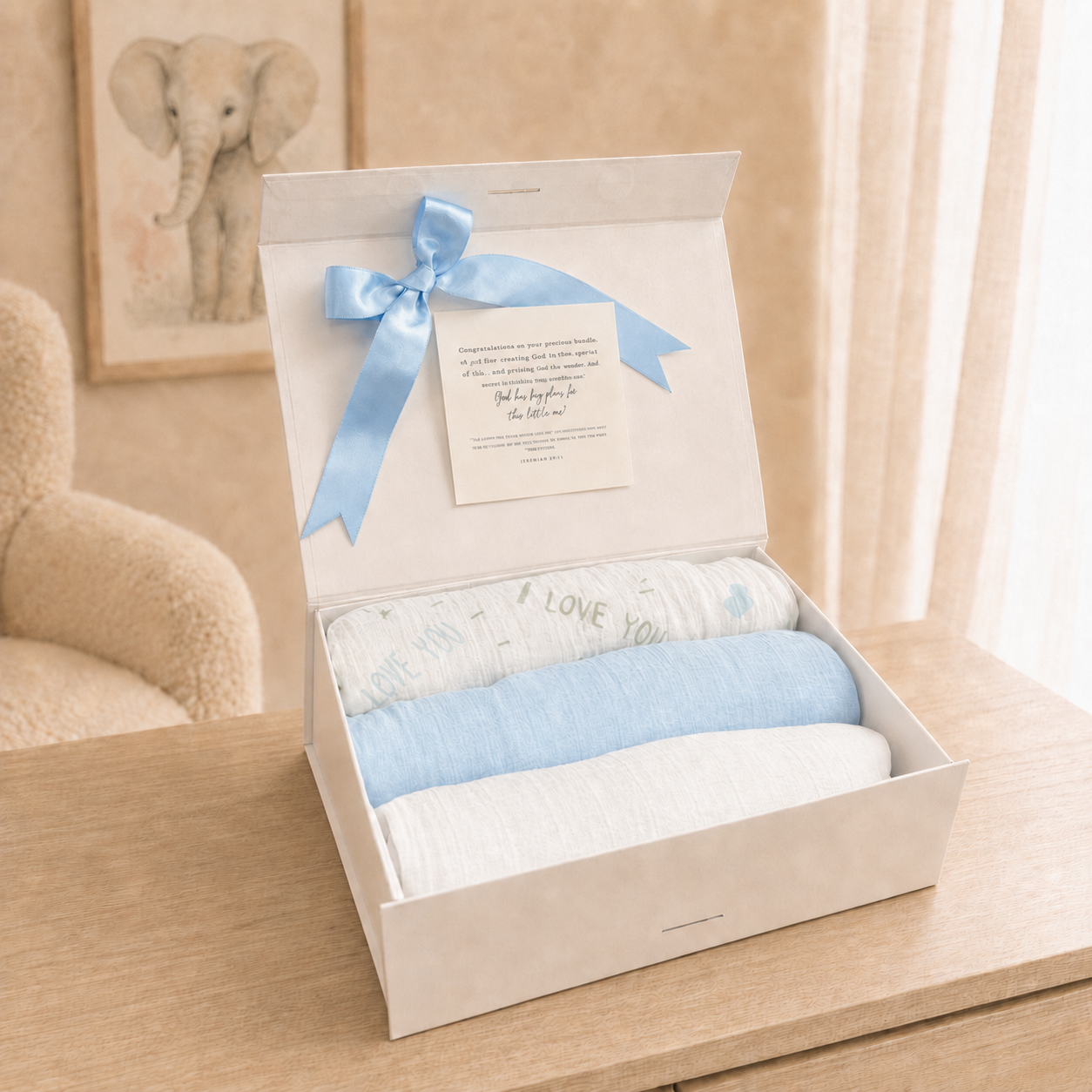 Swaddle Muslin Blankets: BUNDLE OF LOVE, Set of 3, Boy Newborn Gift