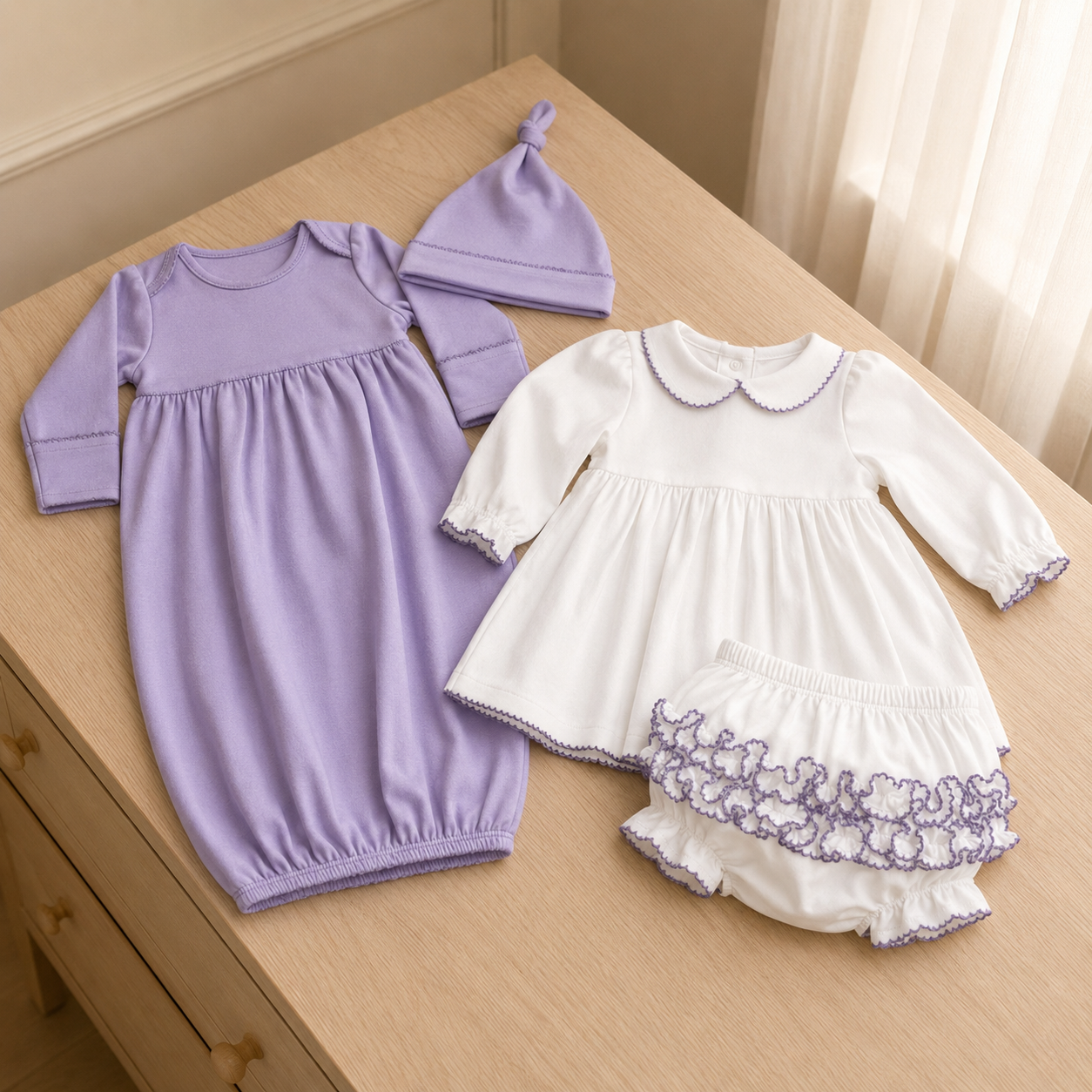 100% PIMA Cotton Ruffle Dress/Bloomer Set + Lavender Gown/Hat (Lavender Picot Trim)