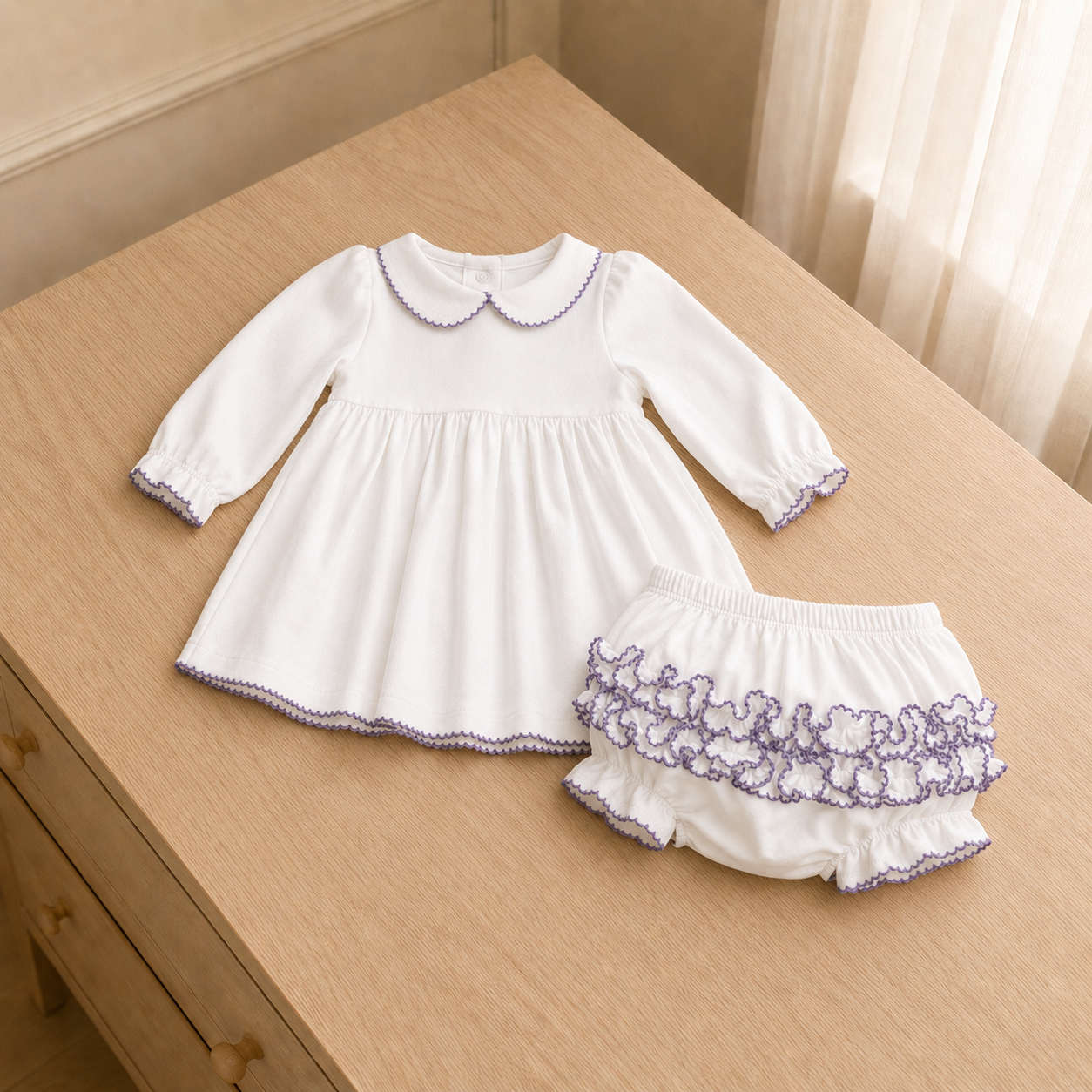 100% PIMA Cotton Ruffle Dress/Bloomer Set + Lavender Gown/Hat (Lavender Picot Trim)