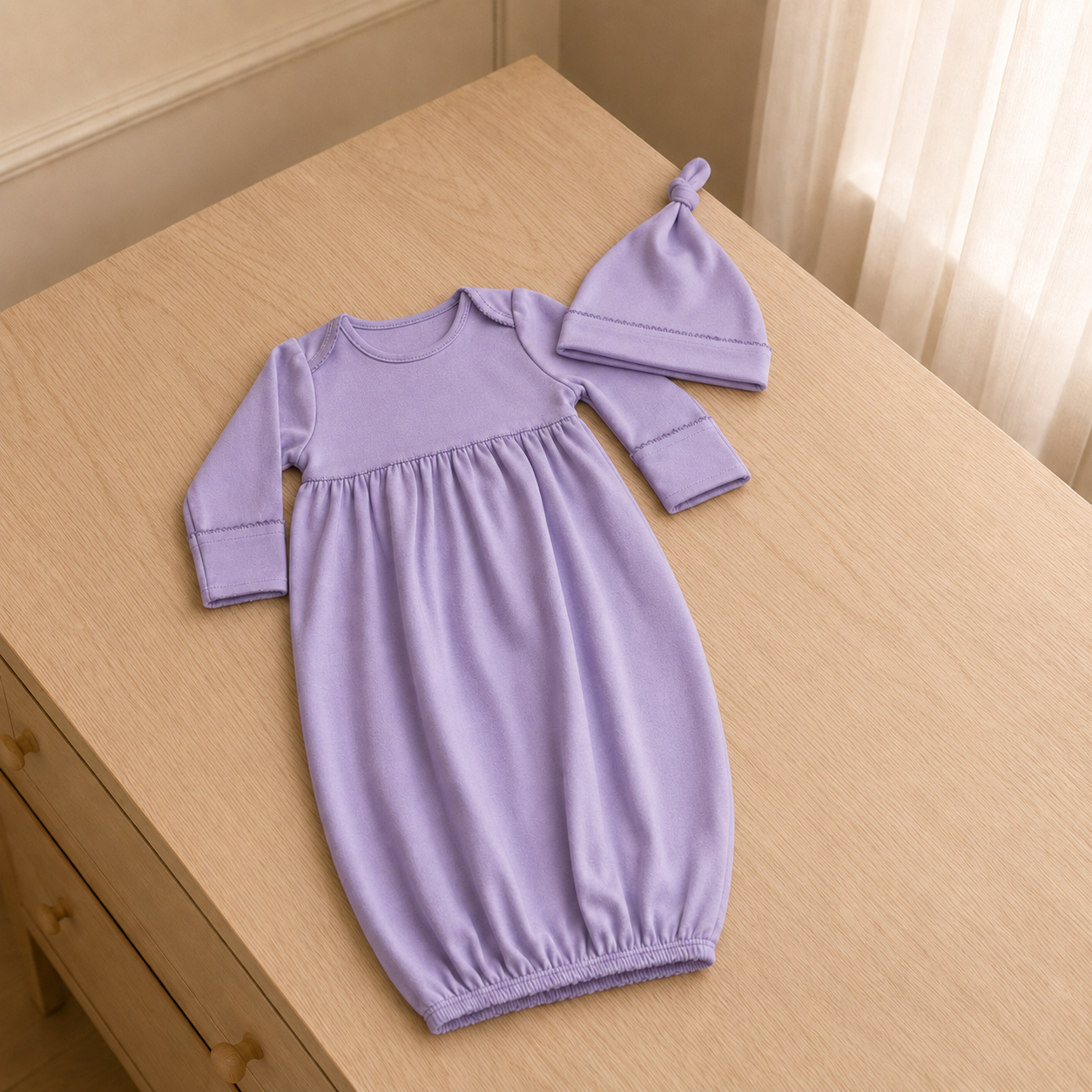 100% PIMA Cotton Ruffle Dress/Bloomer Set + Lavender Gown/Hat (Lavender Picot Trim)