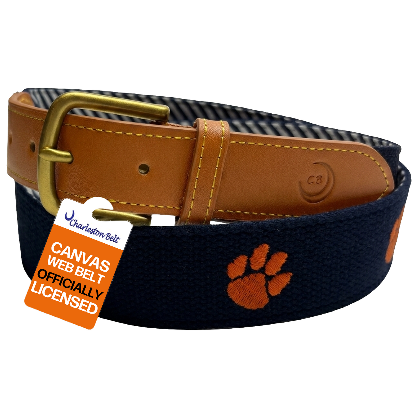 Clemson University Tigers - Officially Licensed - Orange Paw Embroidery on Navy Blue Canvas Web Belt