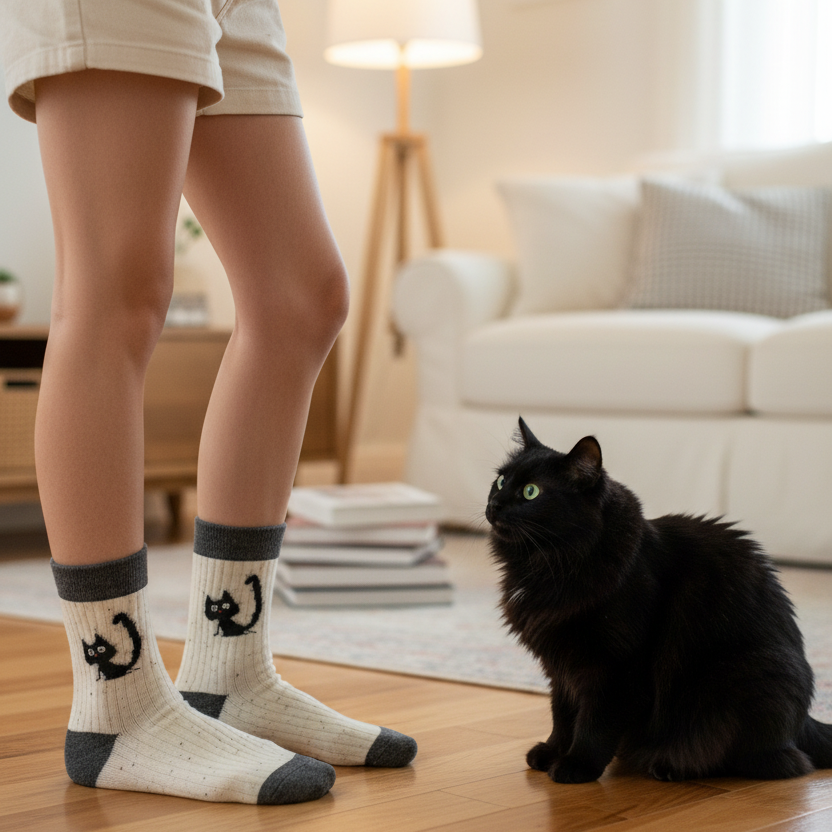 Black Cat on Cream | Flecked Cat Socks