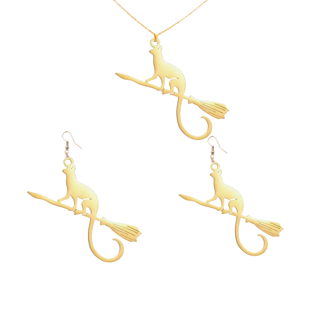Cat Riding Broomstick | GIFT SET necklace and earrings