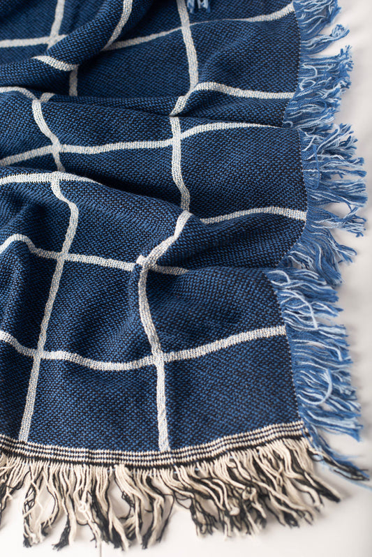 Blue Grid Jacquard Woven Throw Blanket, Reversible Cotton Throw, Made in USA | Greer Lapis
