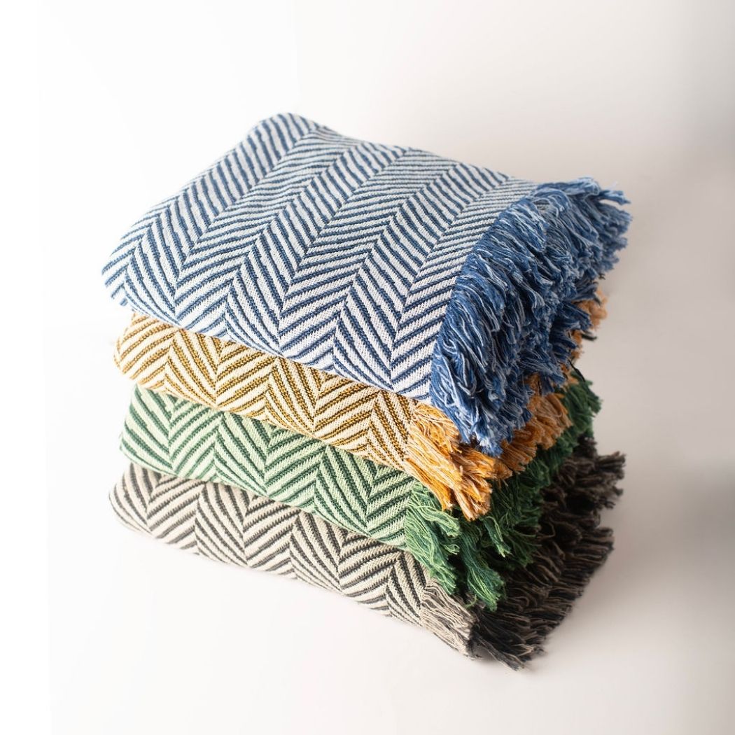 Blue Herringbone Jacquard Woven Throw Blanket, Reversible Cotton Throw, Made in USA | Henry Chambray