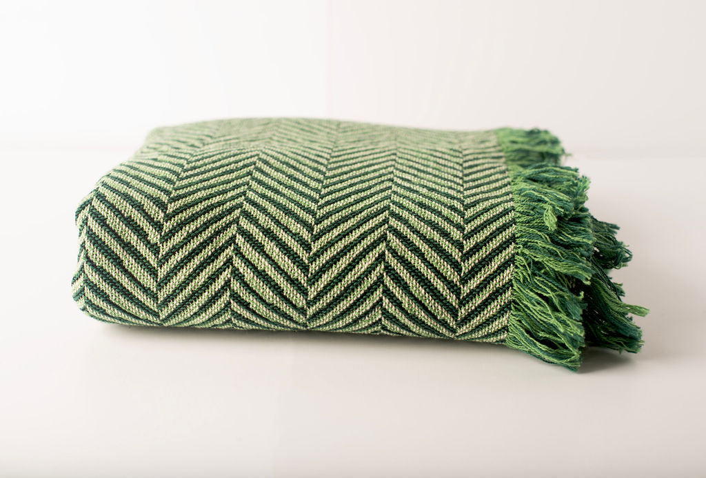 Green Herringbone Jacquard Woven Throw Blanket, Reversible Cotton Throw, Made in USA | Henry Verbena