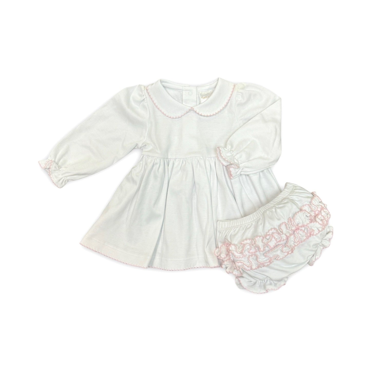 100% PIMA Cotton Ruffle Dress and Bloomer Set with Pink Picot Trim