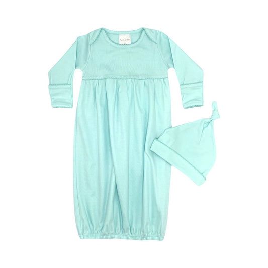 100% PIMA Cotton Newborn Pleated Gown & Hat Set: Aqua (0-6 months)