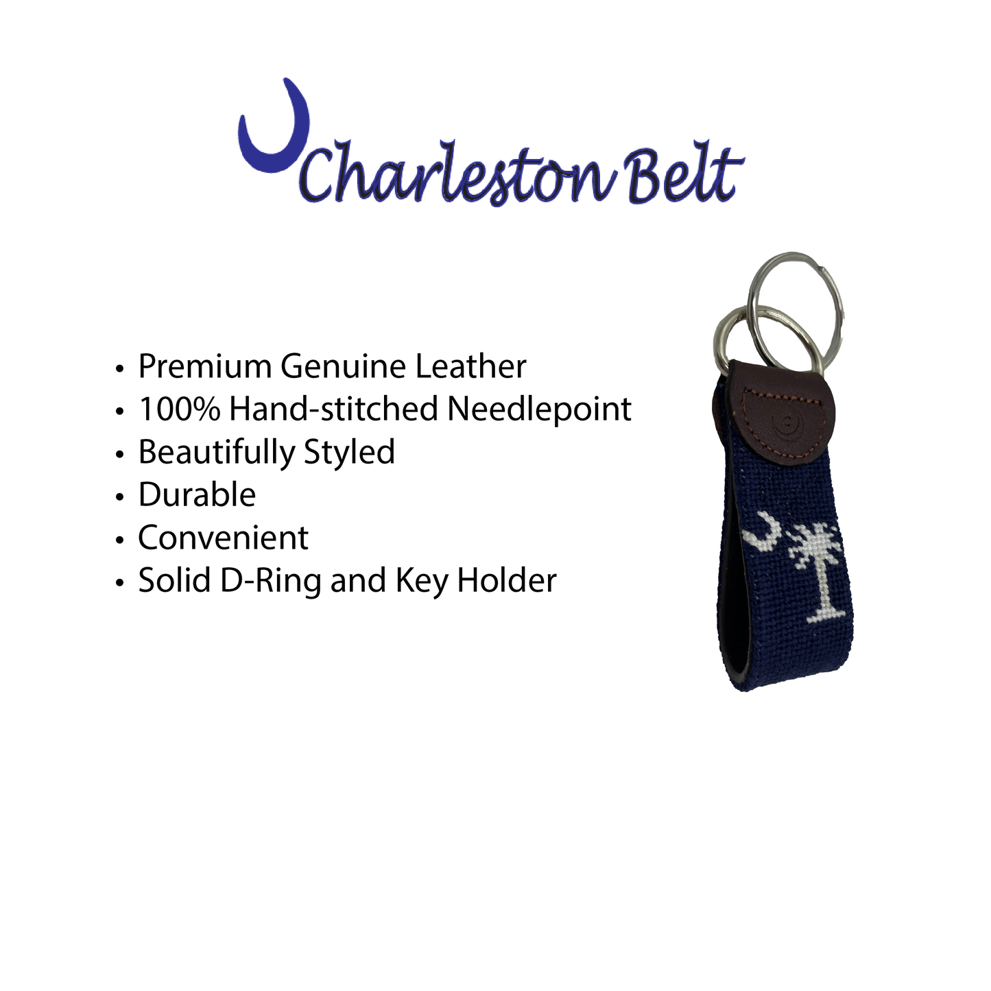 South Carolina Crescent Moon and Palmetto Hand-stitched Needlepoint Key Fob