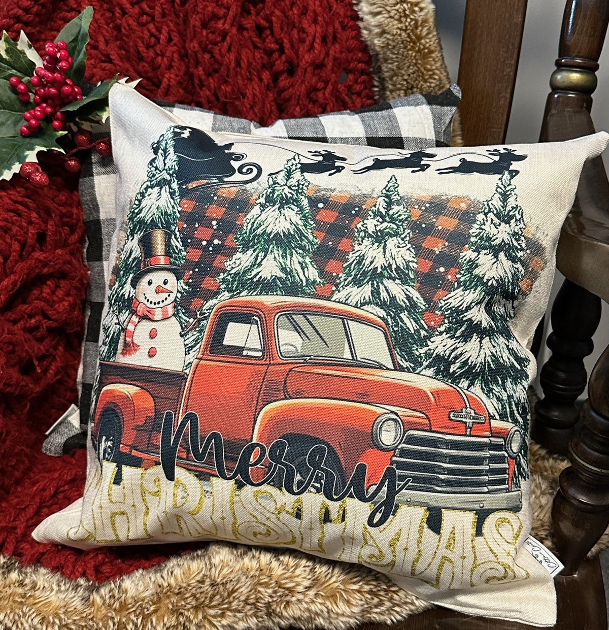 Merry Christmas with red truck Pillow Cover — Fits 18x18 Insert