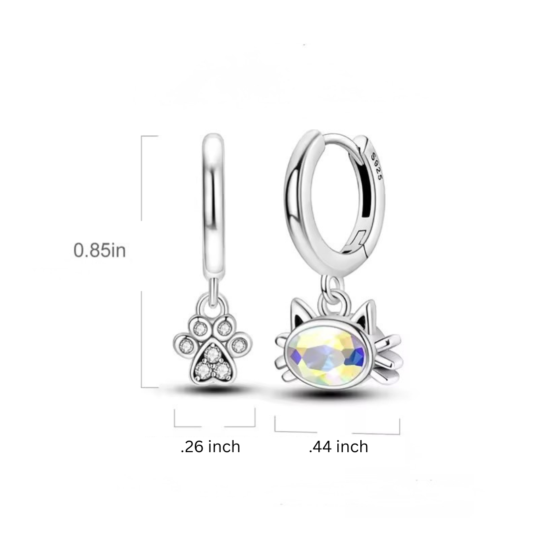 Mismatched Cat Paw and Cat Head | Crystal Earrings