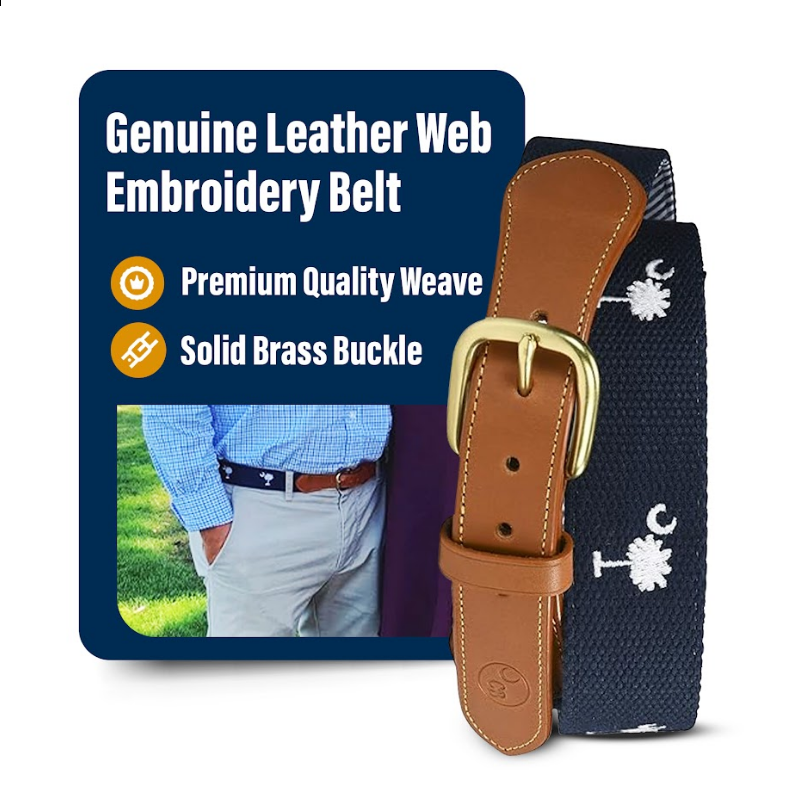 SC State Flag Belt Crescent Moon Palmetto Tree on Navy Blue Cotton Web