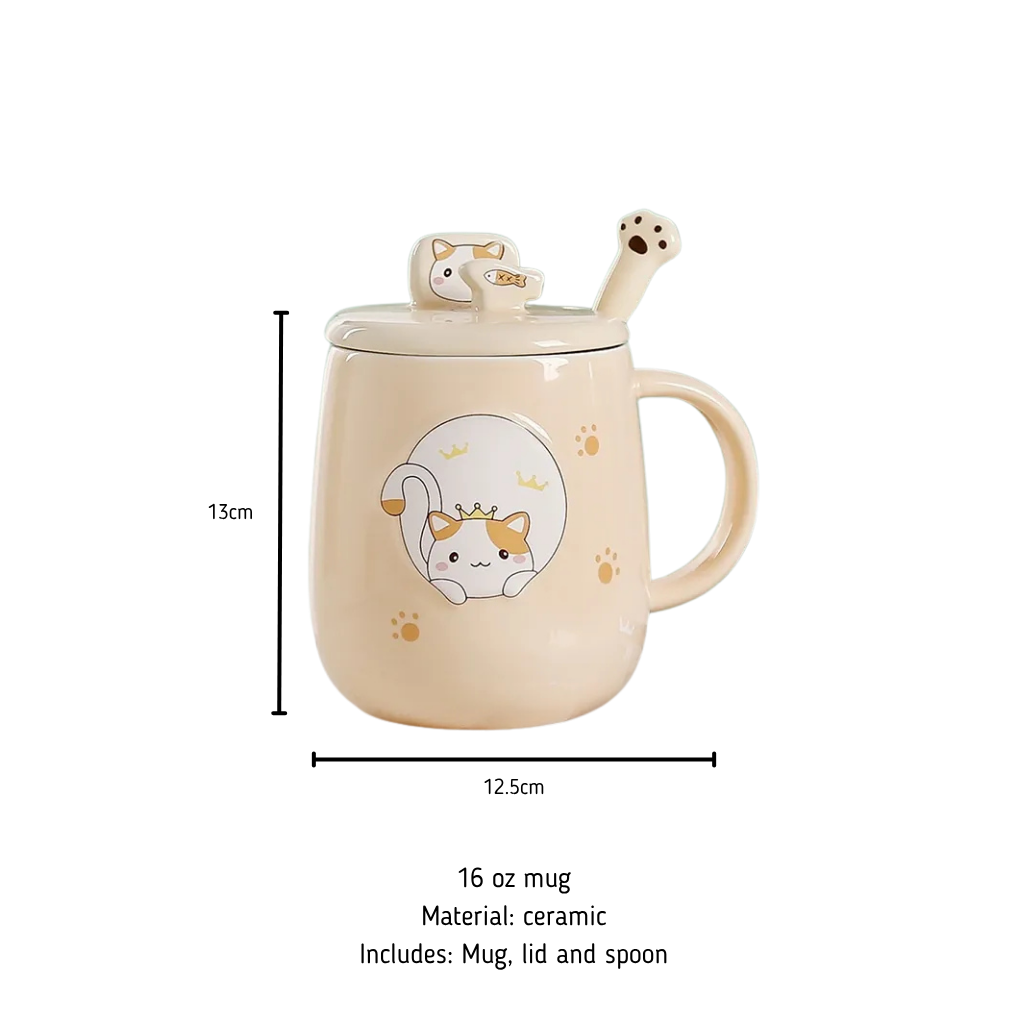 Royal Cat Ceramic Mug, Lid, Spoon | 3 pc GIFT set
