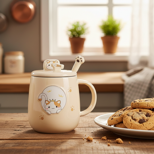 Royal Cat Ceramic Mug, Lid, Spoon | 3 pc GIFT set