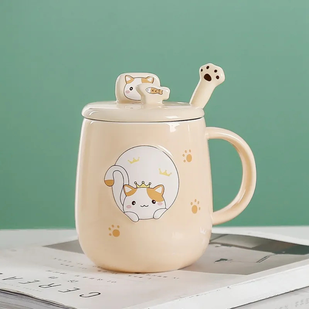Royal Cat Ceramic Mug, Lid, Spoon | 3 pc GIFT set