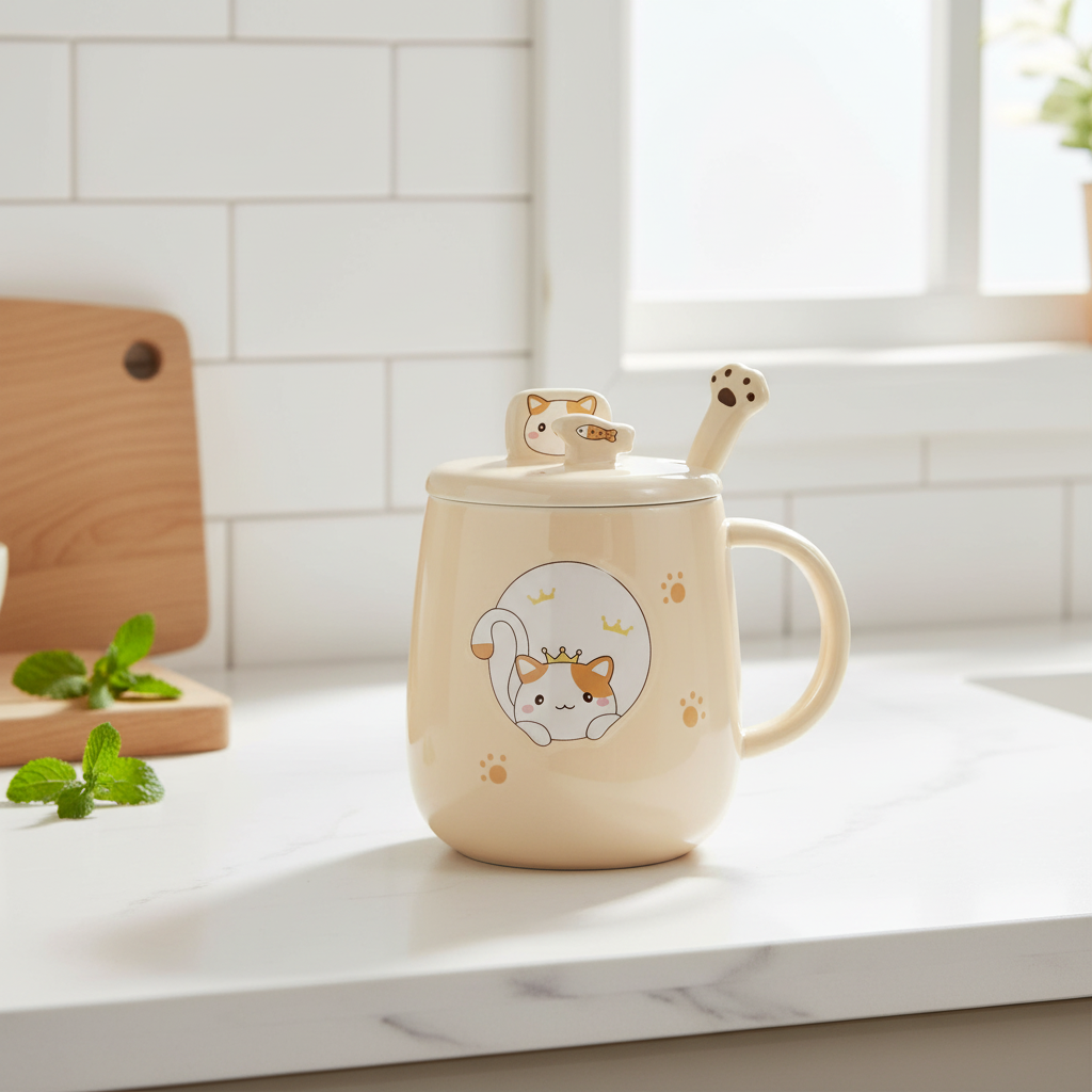 Royal Cat Ceramic Mug, Lid, Spoon | 3 pc GIFT set