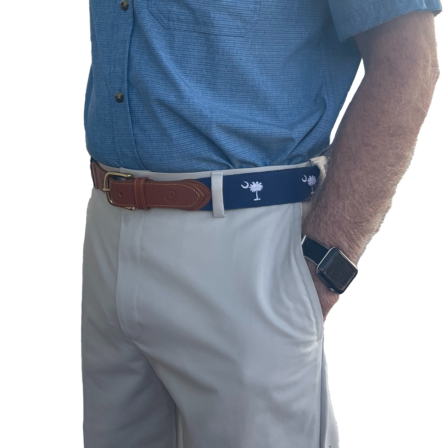 SC State Flag Belt Crescent Moon Palmetto Tree on Navy Blue Cotton Web