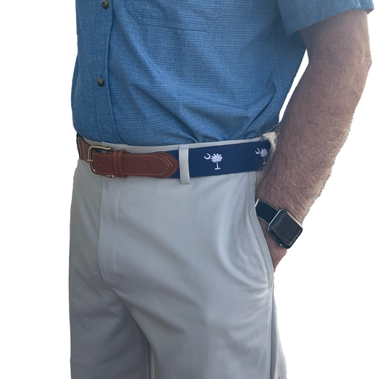 SC State Flag Belt Crescent Moon Palmetto Tree on Navy Blue Cotton Web