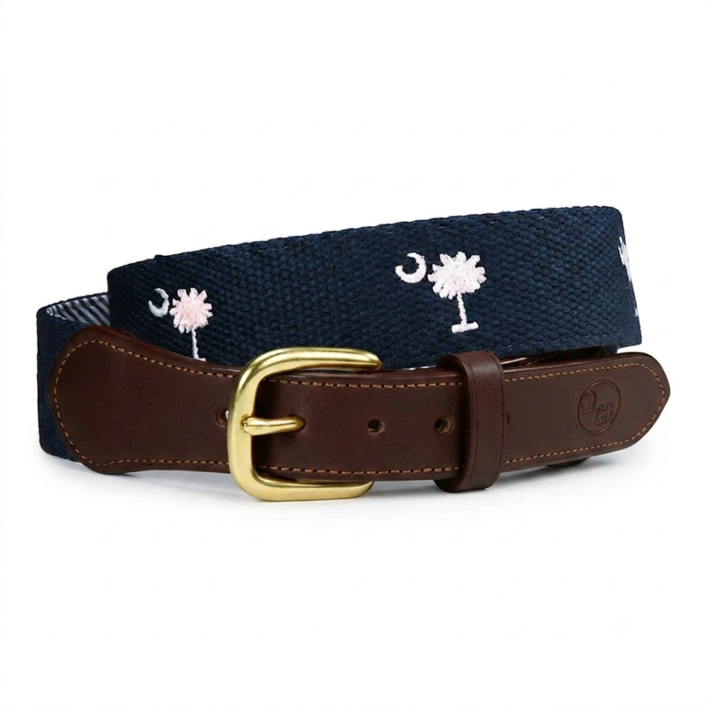 SC State Flag Belt Crescent Moon Palmetto Tree on Navy Blue Cotton Web