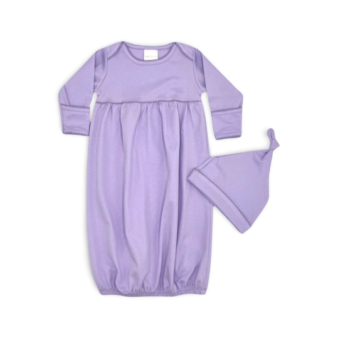 100% PIMA Cotton Newborn Pleated Gown & Hat Set: Lavender (0-6 months)