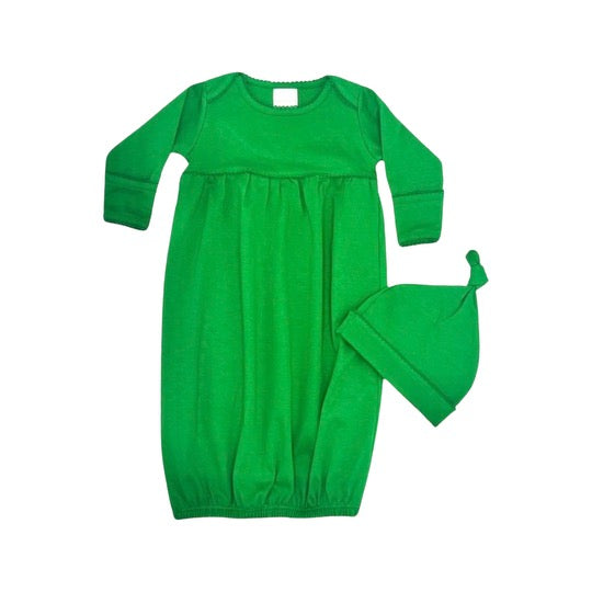 100% PIMA Cotton Newborn Pleated Gown & Hat Set: Green (0-6 months)