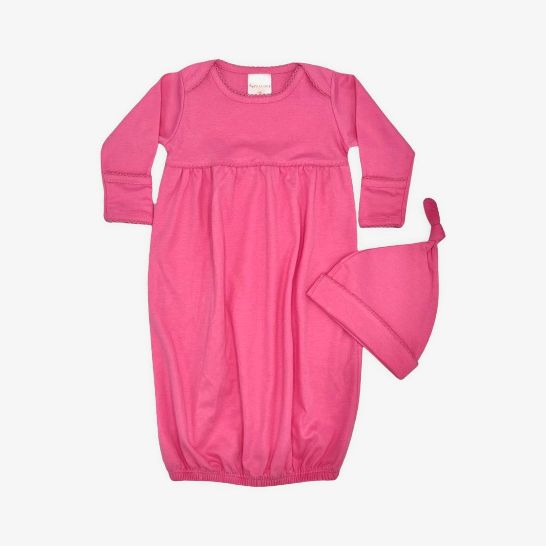 100% PIMA Cotton Newborn Pleated Gown & Hat Set: Hot Pink (0-6 months)