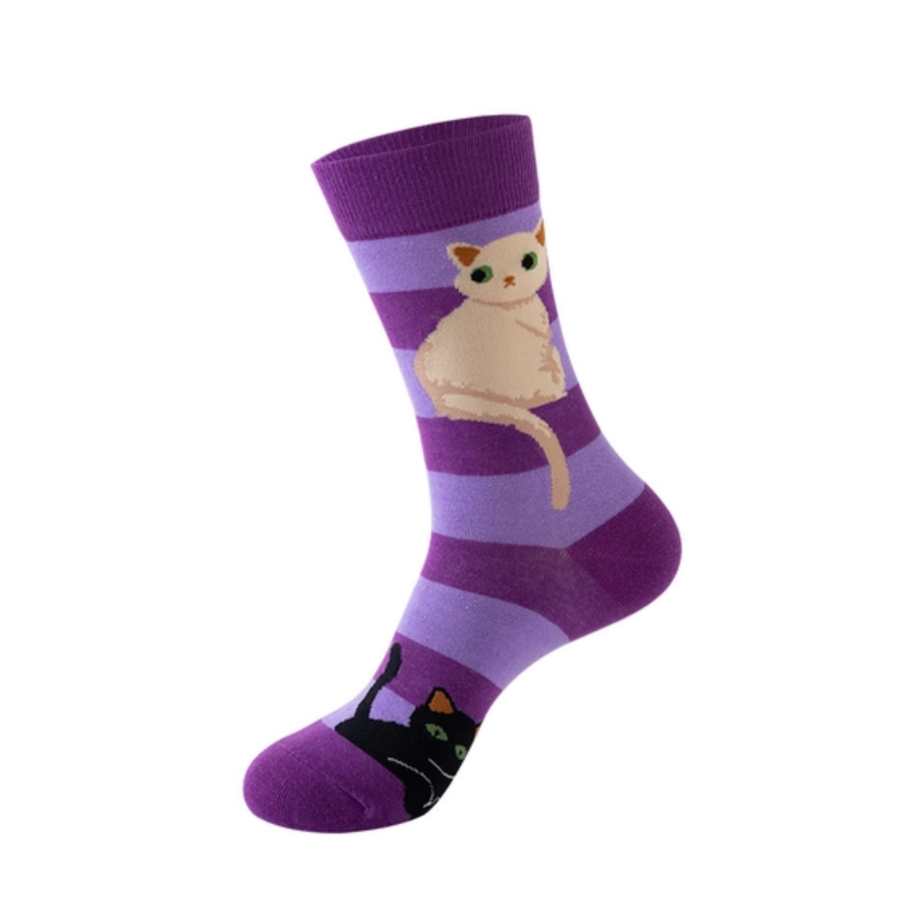 Purple striped socks White Cat Black Cat